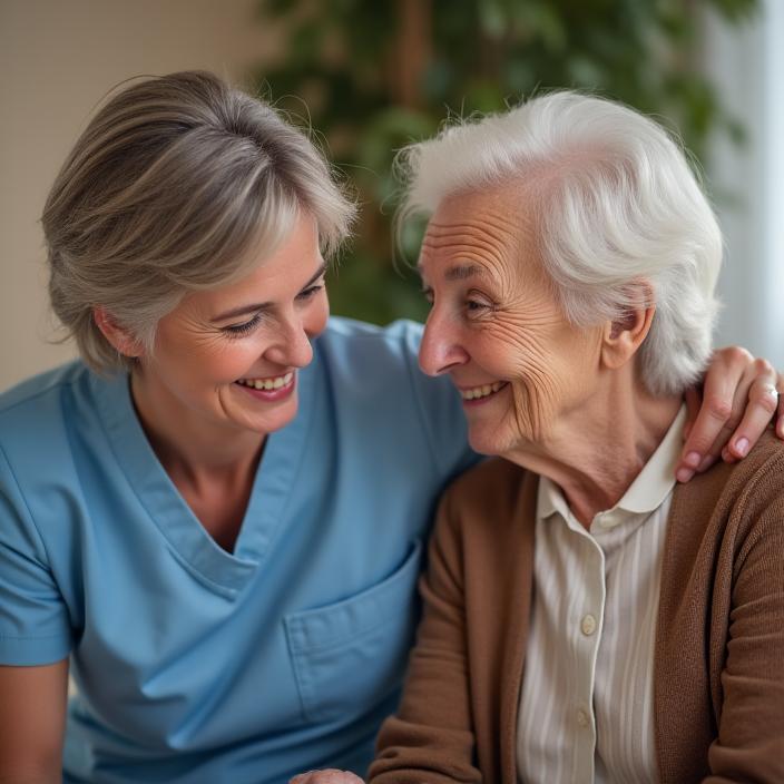Une aide-soignante souriante partageant un moment chaleureux avec une personne âgée à son domicile.