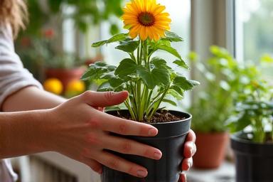 Des mains s'occupant de plantes en pot, représentant les activités spécialisées.