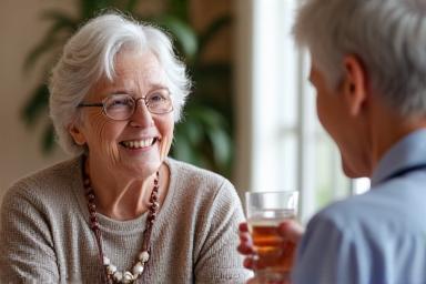 Une aide-soignante souriante tendant un verre d'eau à une personne âgée, illustrant l'aide à la vie quotidienne.