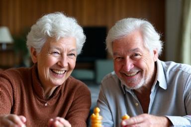 Deux personnes souriantes jouant aux échecs, illustrant le service de compagnie et de loisirs.