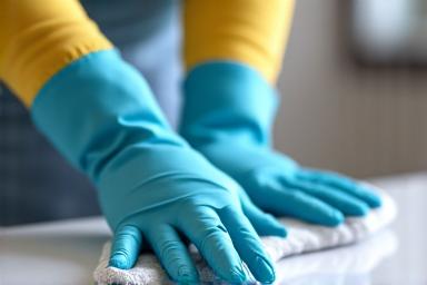 Des mains protégées par des gants nettoyant une surface, symbolisant le service d'entretien du domicile.