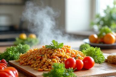 Un plat sain et coloré en cours de préparation dans une cuisine lumineuse, représentant la préparation de repas.